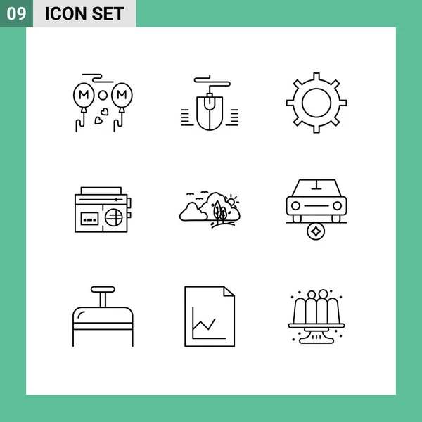 Pictograma Conjunto Contornos Simples Colina Montaña Engranaje Medios Comunicación Radio — Vector de stock