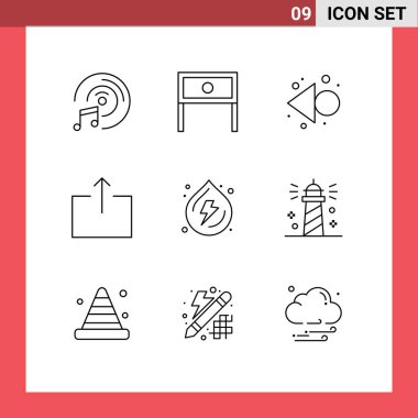 9 Evrensel Tasarım İşaretleri Güç, yay, ok, sarkık, çıktı Düzenlenebilir Vektör Tasarımı Elementleri