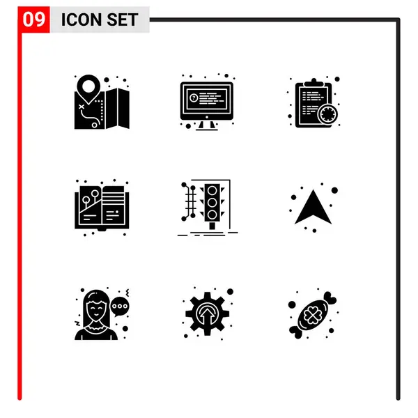 Solid Glyph Pack Універсальних Символів Моніторингу Міста Терміну Книжки Живопису — стоковий вектор