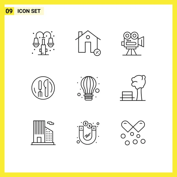 Pictogram Set Simple Outlines Plate Service Percentage Hotel Movie Editable — Stock Vector