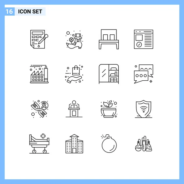 Pictogram Set Simple Outlines Factory Page Furniture Development Coding Editable — Stock Vector
