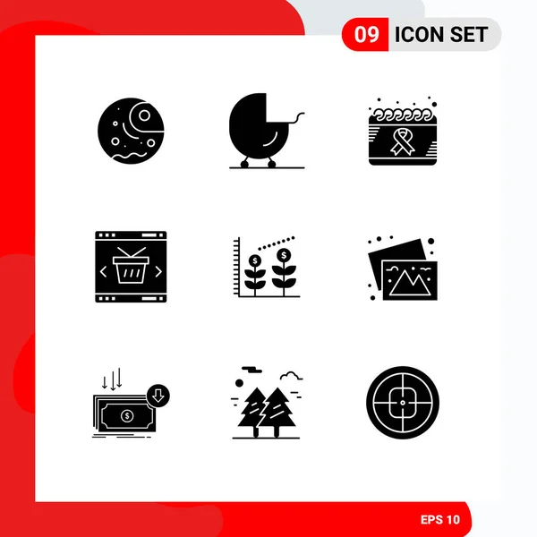 Set Commercial Solid Glyphs Pack Store Online Calendar Basket World — Stock Vector