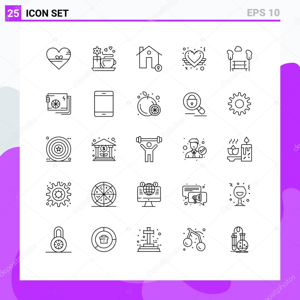 User Interface Pack of 25 Basic Lines of park, like, buildings, heart, map Editable Vector Design Elements