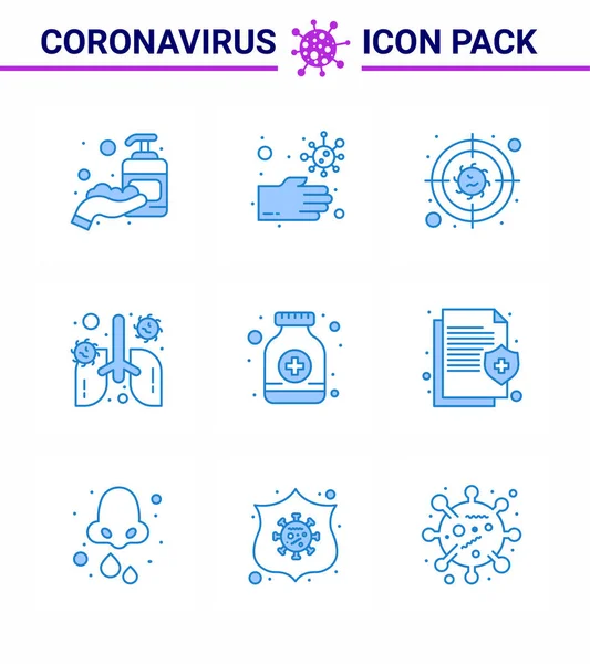 Blu Virale Virus Corona Icon Pack Come Pillole Organo Bersaglio — Vettoriale Stock