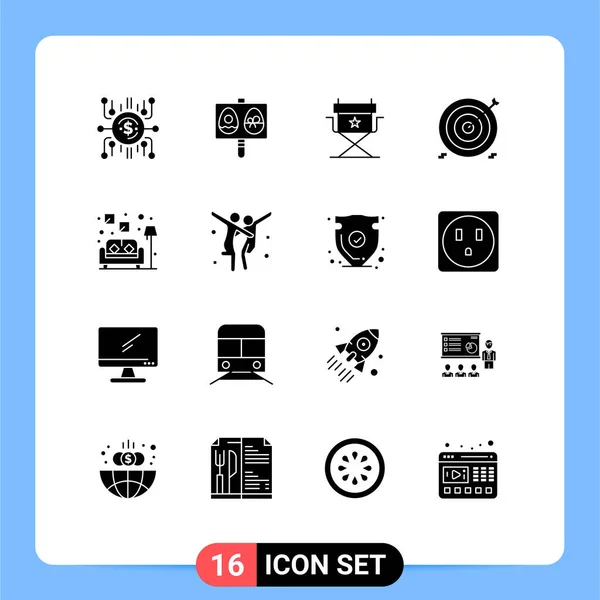 Modern Set Solid Glyphs Symbols Couch Financial Holiday Cash Aim — Stock Vector
