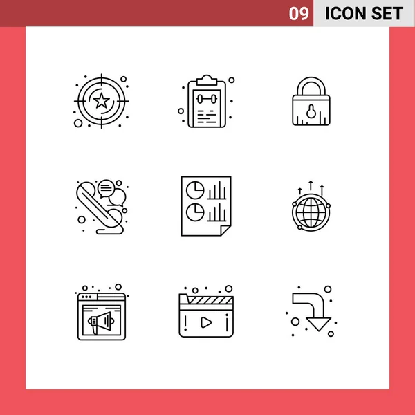 Mobile Interface Outline Set Pictograms Analytics Talk Task Line Shopping — Stock Vector