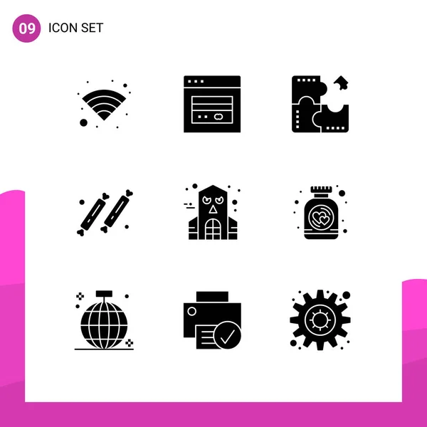 一组9个向量实体Glyphs Grid Hallobetween Restaurant Application Party Candy Edited Able Vector — 图库矢量图片