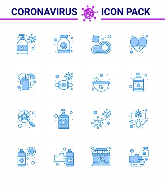 Coronavirus Megelőzése Ikon Set Blue Egészségügyi Ellátás Pulzus Baktériumok Szív — Stock Vector