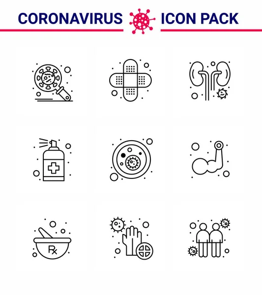 Prevención Coronavirus Conjunto Iconos Icono Líneas Como Bacterias Sanguíneas Cuidado — Archivo Imágenes Vectoriales