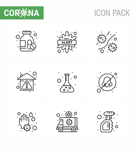 Covid Icon Set Infographic Line Pack Stay Home Prevent Bacterium — Stock Vector