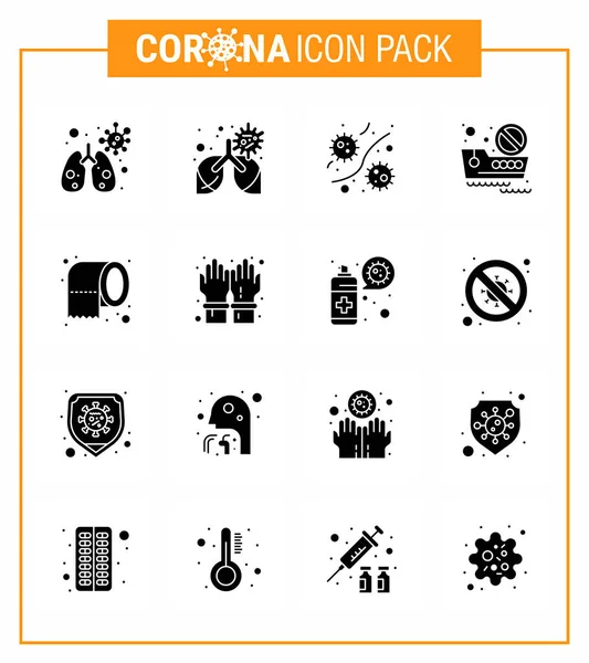 Solid Glyph Black Coronavirus Epidemic Icon Pack Suck Paper Travel — Stock Vector