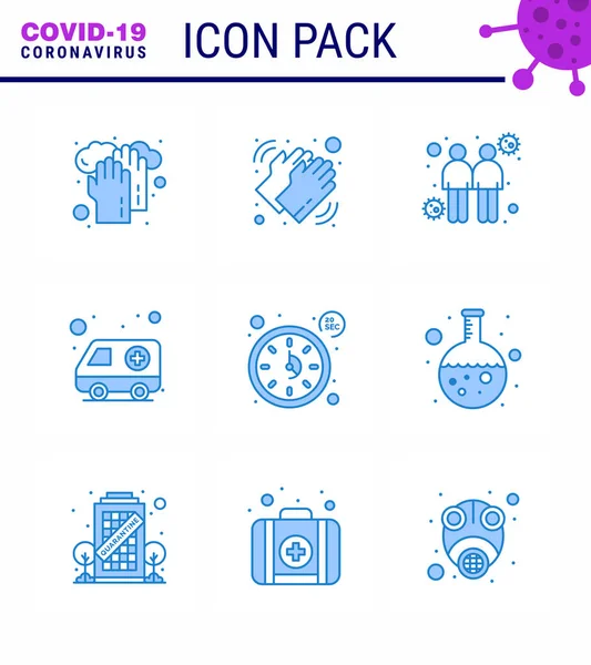 Covid Icon Set Infographic Blue Pack Clock Hospital Care Car — Stock Vector
