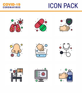 9 Doldurulmuş Çizgi Rengi Virüs Corona ikon paketi, örneğin tıbbi, el, el, burun enfeksiyonu, viral koronavirüs 2019-nov hastalığı Vektör Tasarım Elementleri