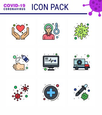 Infographic 9 Doldurulmuş Çizgi Rengi paketi için Covid-19 simgesi ayarlandı: Yıkama, el, hastalık ateşi, temizlik, enfeksiyon viral koronavirüs 2019-nov hastalık Vektör Tasarım Elementleri