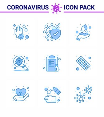 Coronavirus farkındalık simgeleri. 9 Mavi ikon Corona Virüs Gribi Uyuşturucu, güvenlik, el bakımı, koruma, bakteri viral coronavirüs 2019-nov hastalığı Vektör Tasarım Elementleri gibi