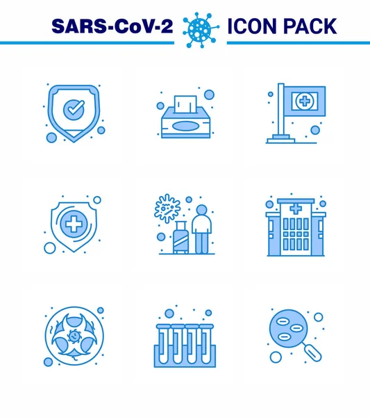 Juego Iconos Covid Para Paquete Azul Infográfico Como Transmisión Infección — Vector de stock