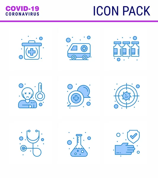 Coronavirus Prevention Set Icons Blue Icon Medical Chat Drugs Temprature — Stock Vector