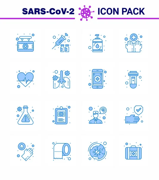 Coronavirus Prevention Icon Set Blue Corazón Lavado Virus Médico Manos — Vector de stock