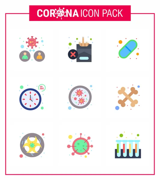 Flat Color Set Corona Virus Epidemic Icons Bacteria Time Cigarette — Stock Vector