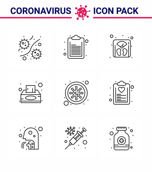 Line Set Corona Virus Epidemic Icons Coronavirus Tissue Box Management — Stock Vector