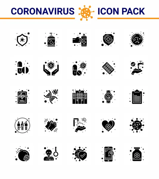 Solid Glyph Coronavirus Covid19 Icon Pack Bacteria Shield Gestures Medical — Stock Vector