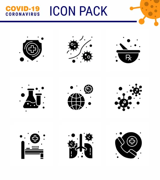 Covid Icon Set Infographic Solid Glyph Black Pack Test Lab — Stock Vector