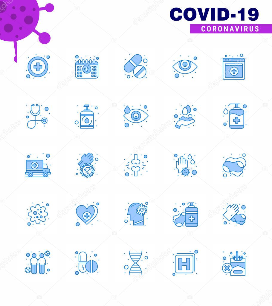 Coronavirus Prevention Set Icons. 25 Blue icon such as diagnosis, online, pill, medical, eyesight viral coronavirus 2019-nov disease Vector Design Elements