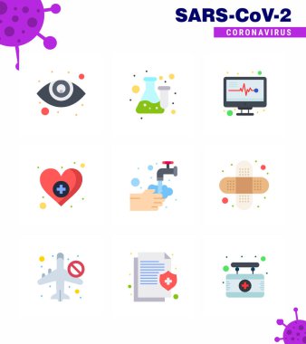 Corona virüsünün önlenmesi. Yaralanmadan kaçınmak için kovid19 ipucu sunum yıkama, el, tıbbi elektronik, bakım, aşk viral koronavirüs 2019-nov hastalığı Vector Design Elements için 9 Düz Renk simgesi