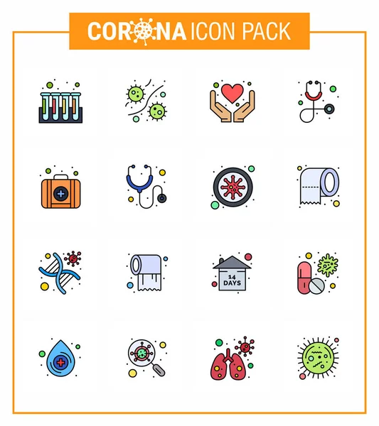 Flat Color Filled Line Corona Virus Pandemic Vector Illustrations Kit — Stock Vector