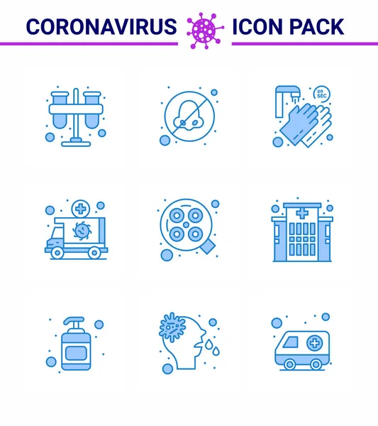 Juego Azul Iconos Epidemia Virus Corona Tales Como Vehículo Médico — Archivo Imágenes Vectoriales