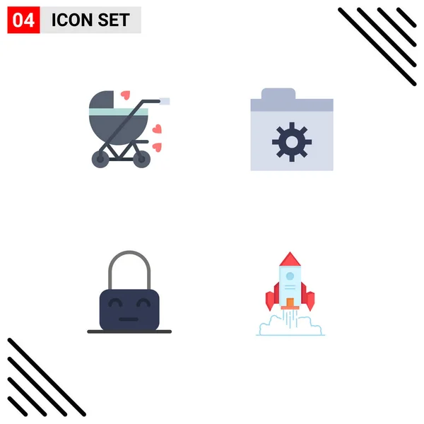 Set Vector Flat Icons Grid Baby Carriage Pram Folder Rocket — Vector de stock