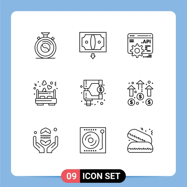 Set Modern Icons Sysymbols Signs Regulation Funds Api Love Bed — Vector de stock