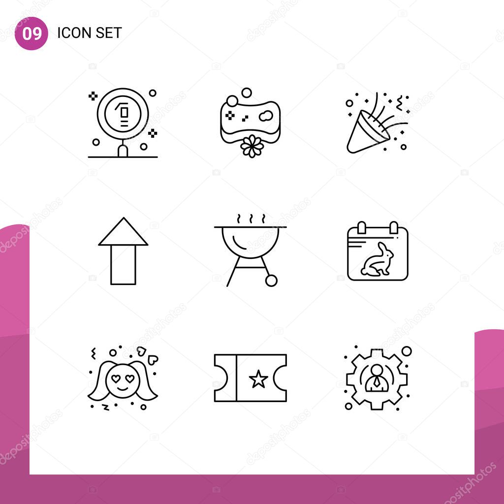 9 User Interface Outline Pack of modern Signs and Symbols of grill, upload, spa, up, party Editable Vector Design Elements