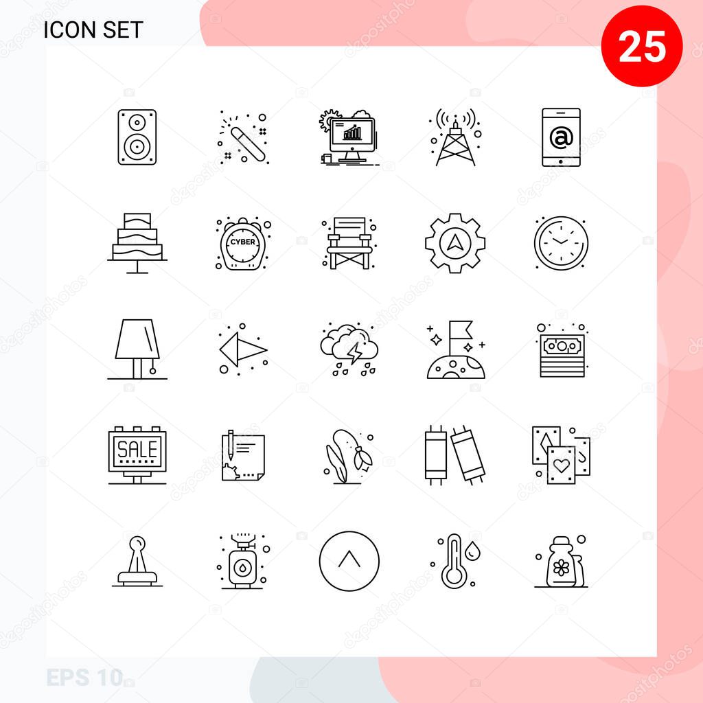 Pictogram Set of 25 Simple Lines of multimedia, tower, analytics, signal, setting Editable Vector Design Elements