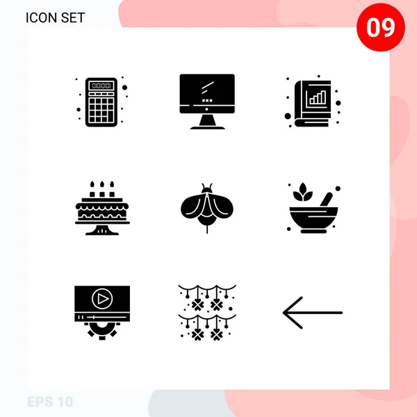 Set Modern Icons Symbols Signs Bee Cake Birthday Graph Editable — Stock Vector