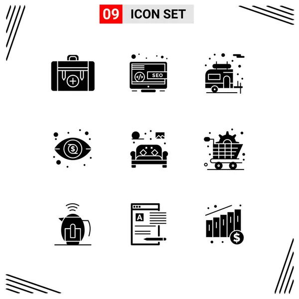 Modern Set Solid Glyphs Symbols Home Chair Marketing View Dollar — Stock Vector