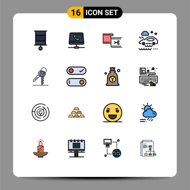 16 Modern Düz Renkli Evrensel Simge Grubu ıslak yol, araba, hesaplama, kötü hava durumu, Düzenlenebilir Yaratıcı Vektör Tasarım Elementleri