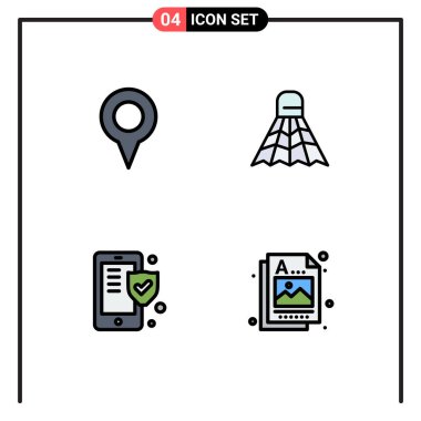 Coğrafi konum, sigorta, pin, spor, kalkan Düzenlenebilir Vektör Tasarım Elemanları için 4 Vektör Filledline Düz Renk Kümesi