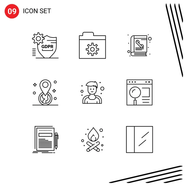 Skupina Modern Outlines Set Man Pin Book Location Geolokation Editable — Stockový vektor