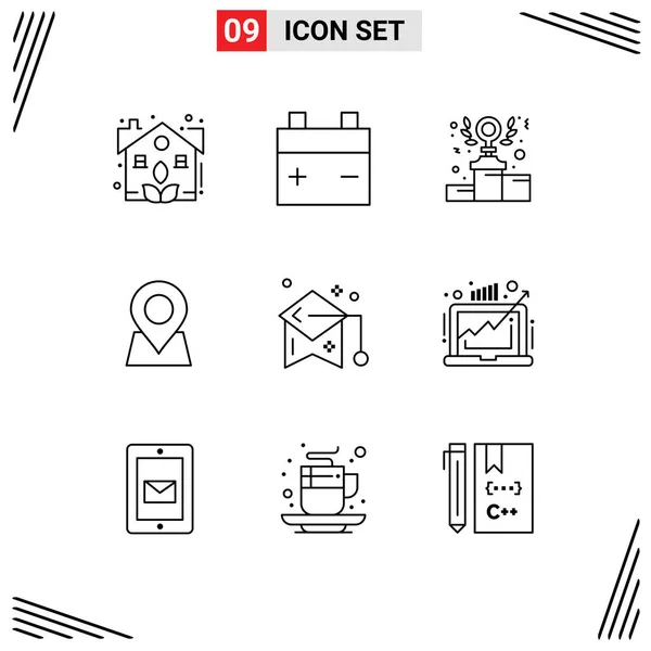 Set Icone Dell Interfaccia Utente Moderna Simboli Segni Laurea Educazione — Vettoriale Stock