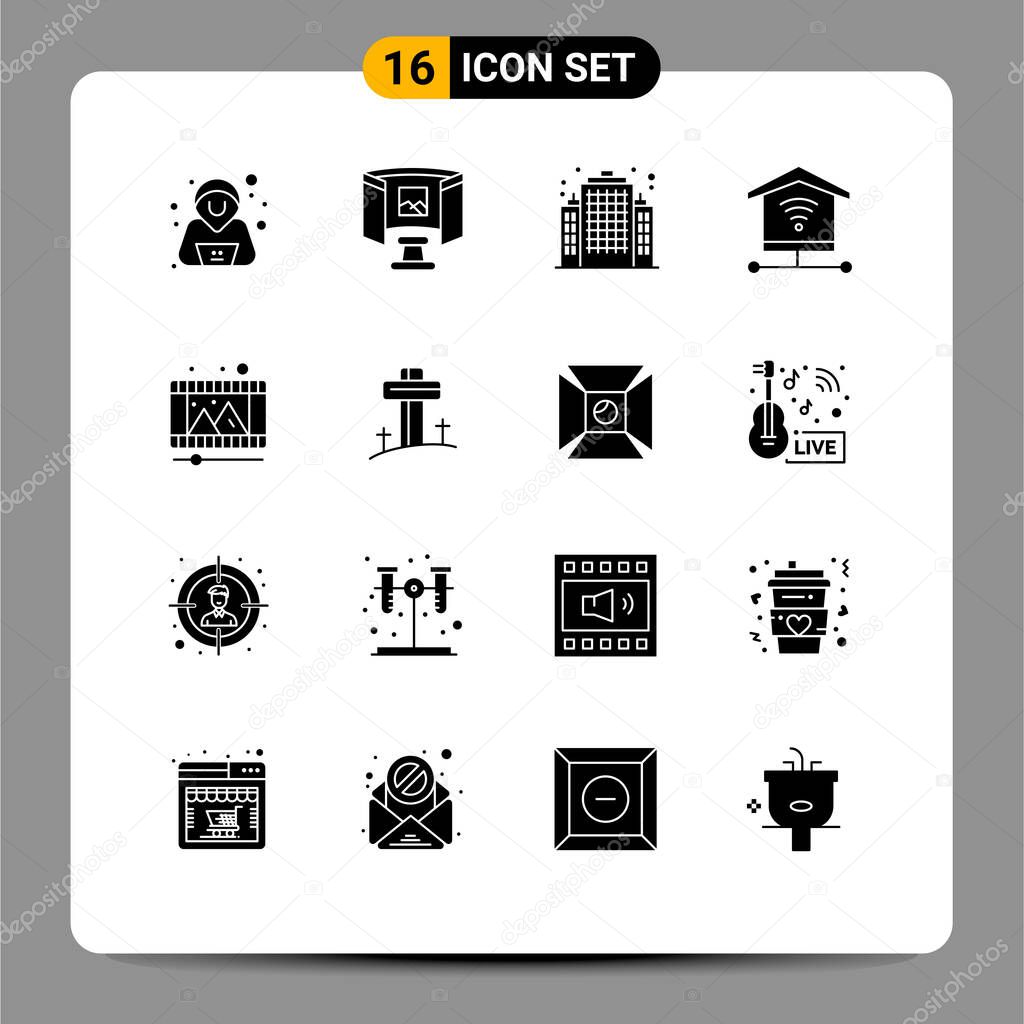 Pictogram Set of 16 Simple Solid Glyphs of celebration, video, estate, play store, signal Editable Vector Design Elements