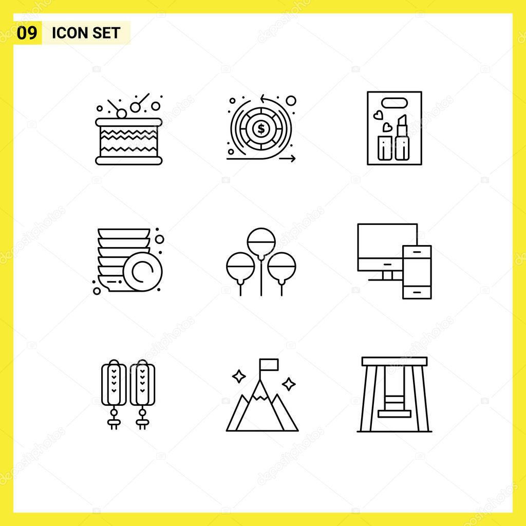 User Interface Pack of 9 Basic Outlines of holiday, bloon, lipstick, plates, kitchen Editable Vector Design Elements