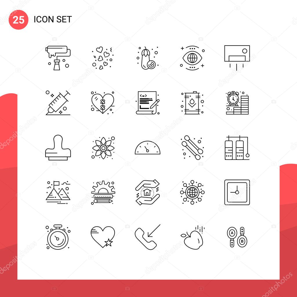 Mobile Interface Line Set of 25 Pictograms of vision, search, valentines, global, vegetable Editable Vector Design Elements