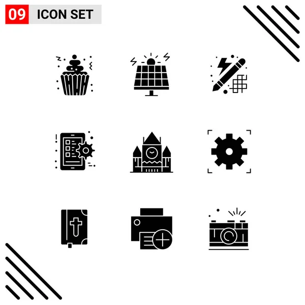 Modern Set Solid Glyphs Symbols Canada Setting Solar Phone Thinking — Stock Vector