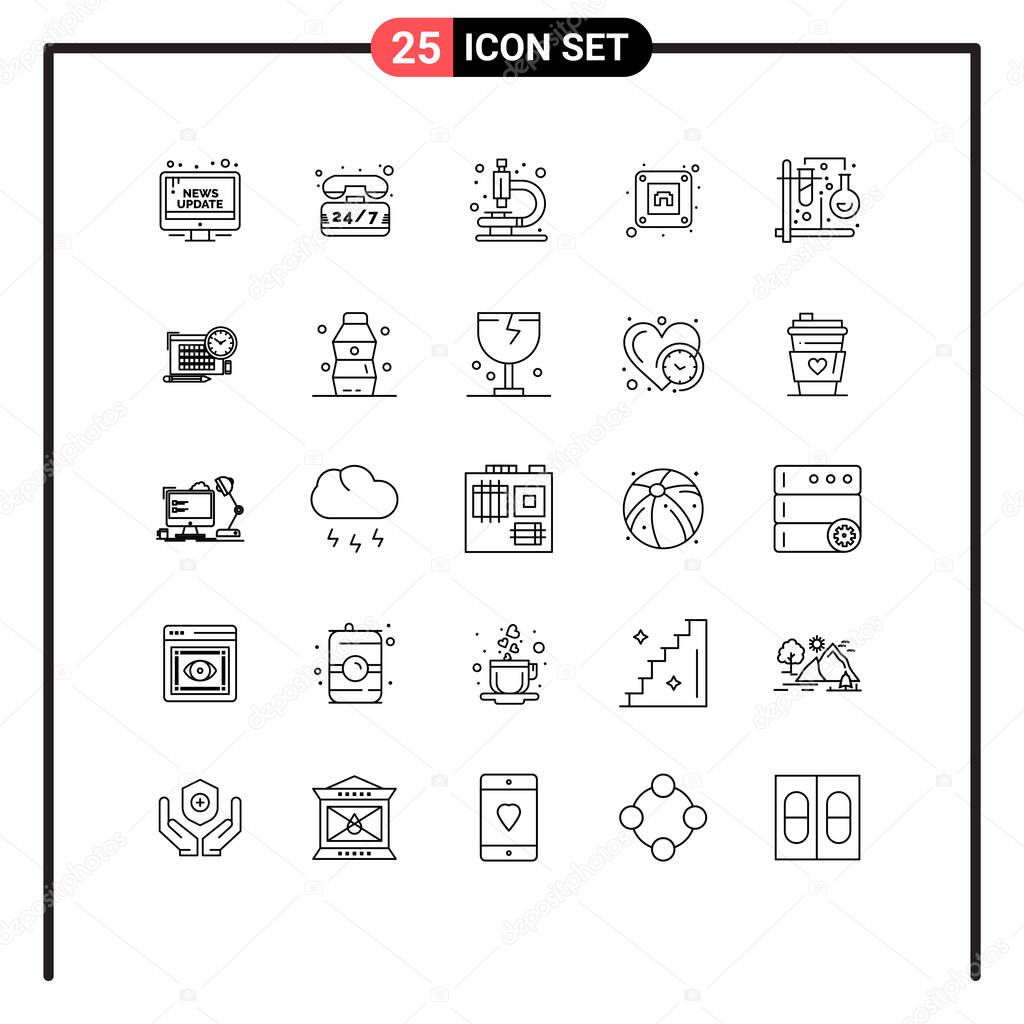 25 Universal Line Signs Symbols of tubes, chemistry, time, plug, electric Editable Vector Design Elements