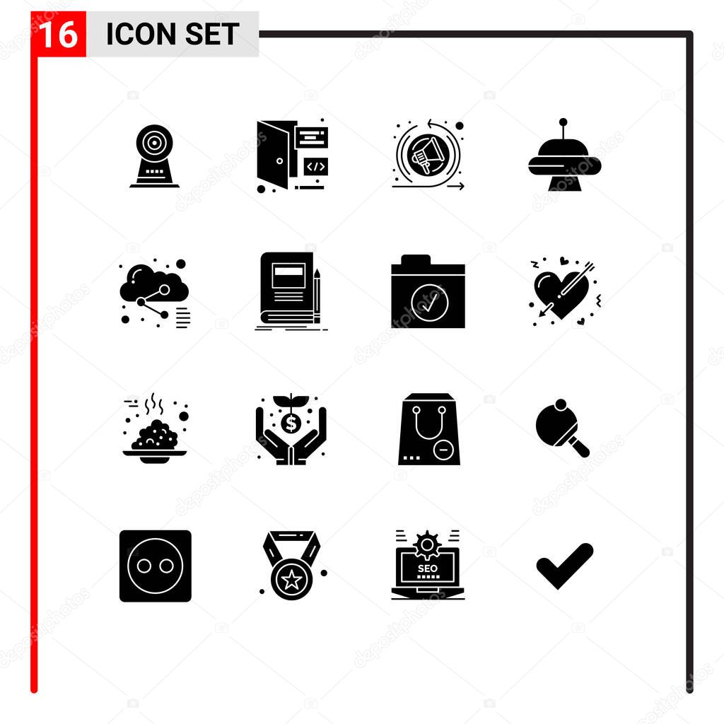 Mobile Interface Solid Glyph Set of 16 Pictograms of sharing, file, marketing, cloud, space Editable Vector Design Elements
