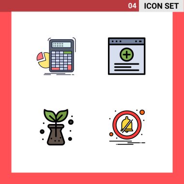 Hesap makinesi, doğa, ilerleme, internet, alarm ayarlanabilir vektör tasarım elementleri için 4 Vektör Filledline Düz Renk Kümesi