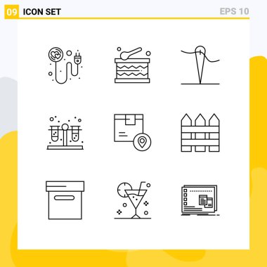 Ürün, konum, iğne, dağıtım, test tüpleri, düzenlenebilir vektör tasarım elementleri gibi Web Yazdırma Ortamı için 9 Modern Taslak İşaretleri ve Sembolden oluşan paket