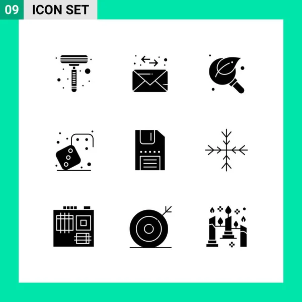 Csoport Solid Glyphs Jelek Szimbólumok Floppy Lemez Levél Játék Kockák — Stock Vector