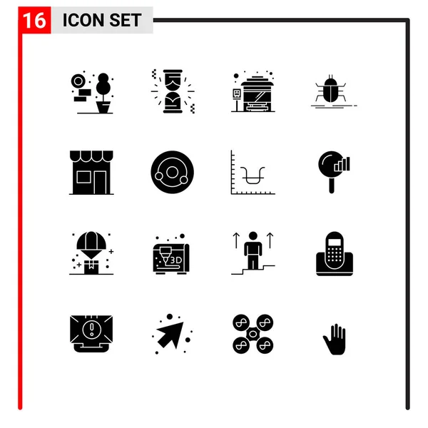 移动接口固溶体图形集16个象形文字零售 信息亭 城市总线终端 建筑物 测试可编辑向量设计元素 — 图库矢量图片
